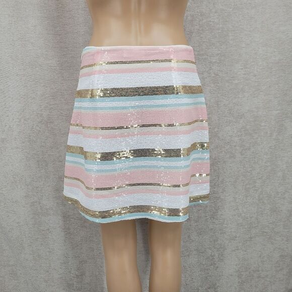 Storia Pastel Pink Blue White Gold Striped Sequin Mini A-line Skirt - Picture 5 of 10